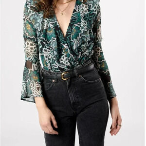 Band of the Free Floral Emerald Green Sheer Women's Bohemian Bodysuit SZ Medium